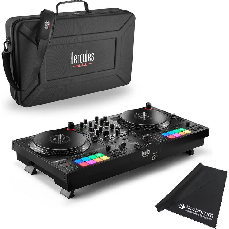 HERCULES DJ Control Inpulse T7, DJ Controller mit 16 Performance Pads, motorisierten 7 Zoll Plattentellern, Trage-Tasche und keepdrum Tuch