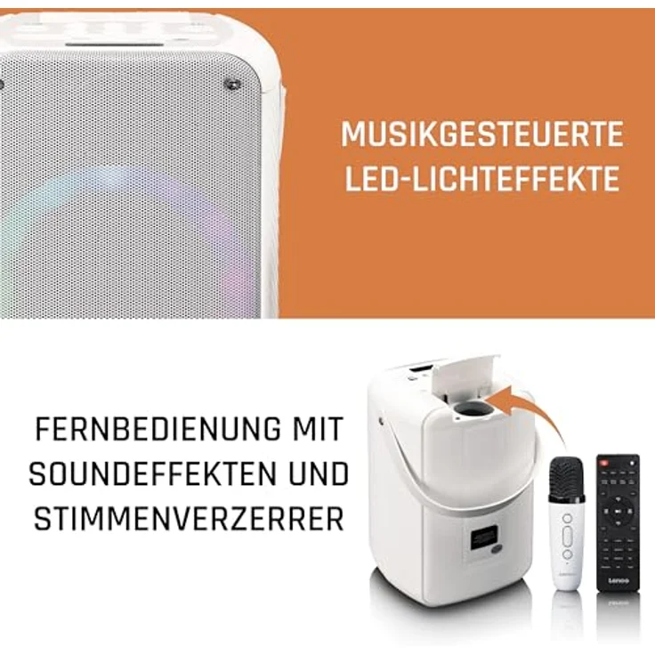 Lenco BTC-060WH, Bluetooth Lautsprecher mit 12h Akkubetrieb, drahtlosem Mikrofon und LED-Beleuchtung, Weiss – Bild 4