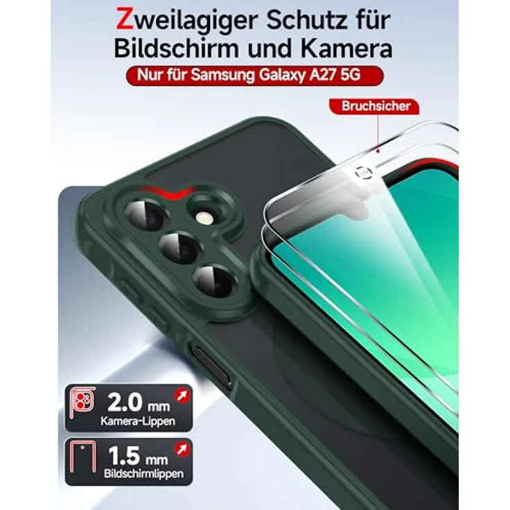LeYi Magnetische Handyhülle für Samsung Galaxy A27 5G, Mattes Durchscheinendes Case Cover mit Militärschutz, 2 Stück, Grün – Bild 4