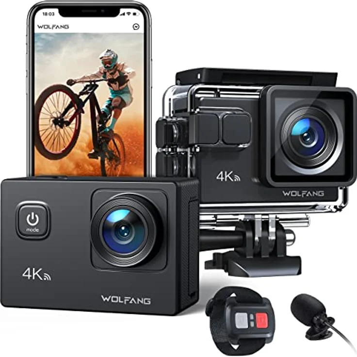 WOLFANG Action Cam GA100, 4K 30FPS, 20MP, WiFi, wasserdicht bis 40M, mit externem Mikrofon und Fernbedienung – Bild 1
