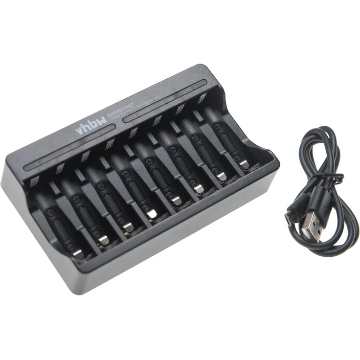 vhbw 8-Fach Akku-Ladegerät kompatibel mit wiederaufladbaren AA - AAA Akkus, Li-Ion-Akkuzellen, Haushaltsbatterien - Micro-USB-Ladegerät