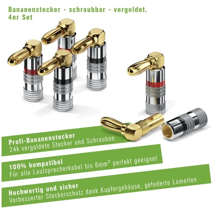 conecto Bananenstecker 4er-Set, 90° gewinkelter Stecker, für alle Lautsprecherkabel mit einem Durchmesser bis max. 6mm², 4 Stück mit Farbcodierung (2x rot, 2x schwarz), 24kt vergoldet