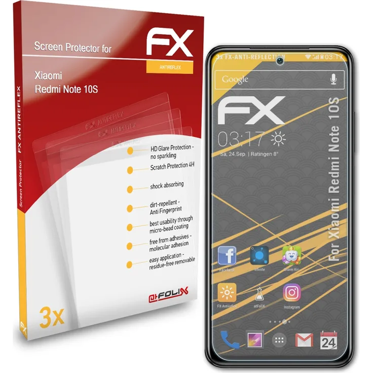 atFoliX 3x Schutzfolie kompatibel mit Xiaomi Redmi Note 10S matt&stoßfest