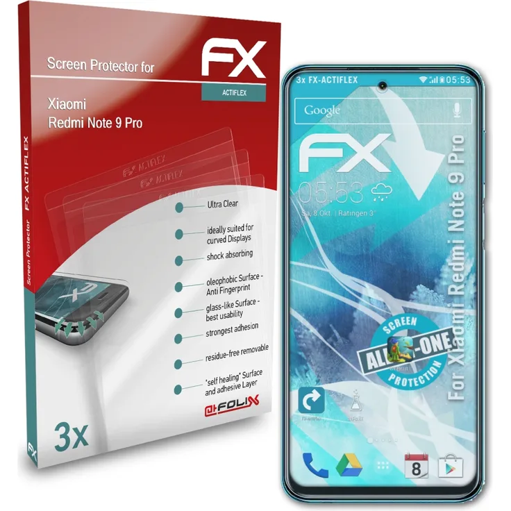 atFoliX 3x Folie kompatibel mit Xiaomi Redmi Note 9 Pro klar&flexibel