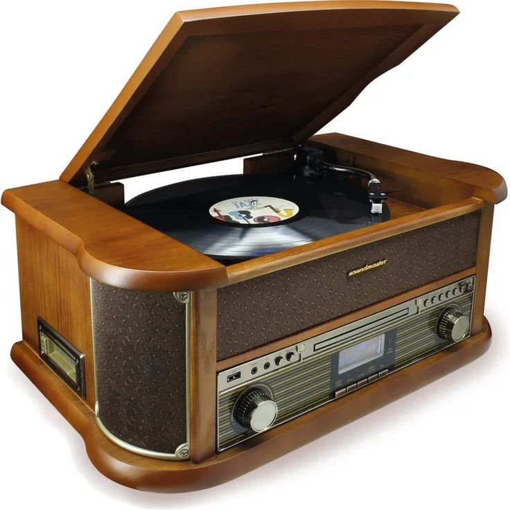 Soundmaster NR546BR Nostalgie Stereo DAB+/UKW Digitalradio mit Plattenspieler inkl Audio Technica Magnettonabnehmersystem, CD/MP3, USB, Kassette, Bluetooth und Encoding