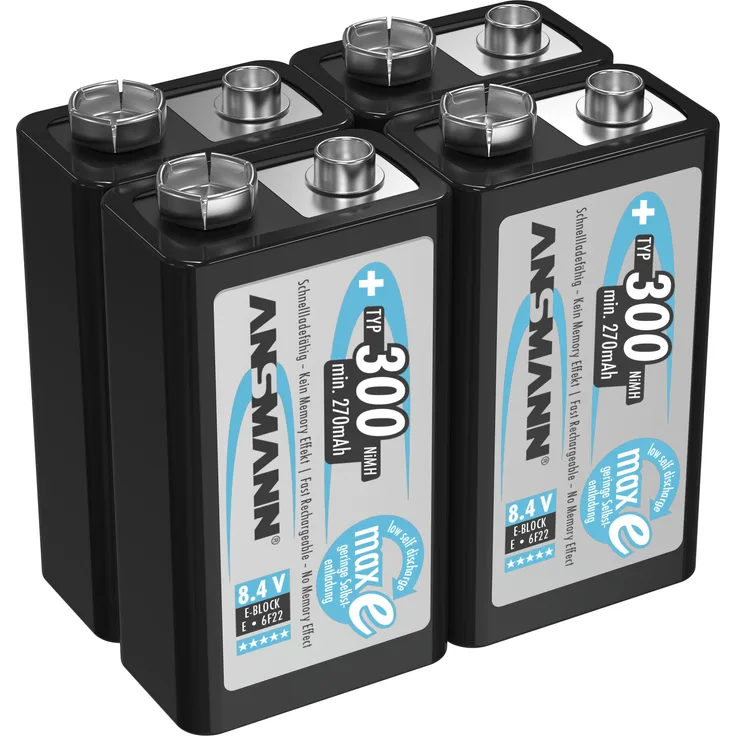 ANSMANN Akku 9V 300mAh E-Block NiMH 1,2V – 1000x wiederaufladbar (4 Stück)