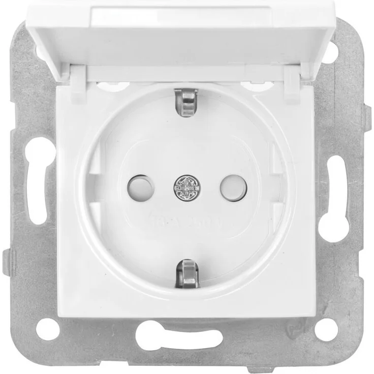 Kombi-Steckdose, mit Klappdeckel, mit Zentralplatte 50 x 50 mm, MERIDIAN, reinweiß