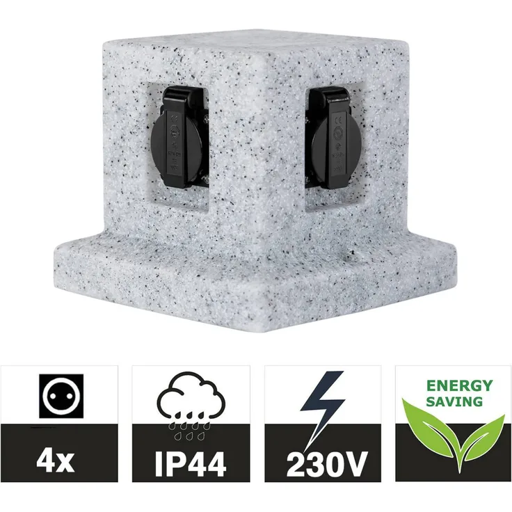 Grafner Steinoptik Steckdosensäule mit 4 Außensteckdosen Gartensteckdose Energiesäule Granit
