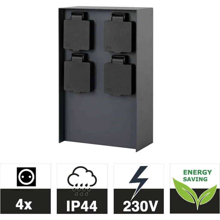 Grafner Steckdosensäule Schwarz mit 4 Außensteckdosen Edelstahl Gartensteckdose Energiesäule