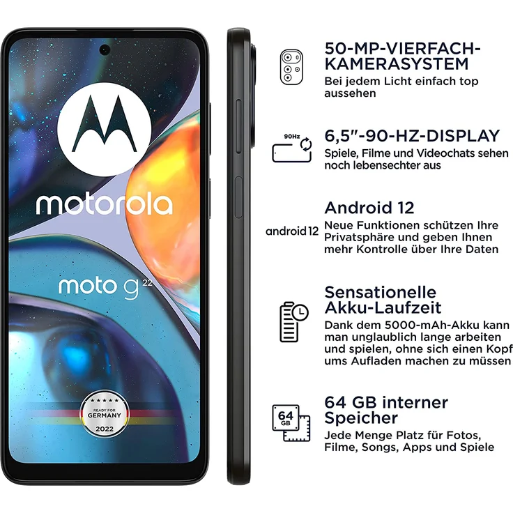 Motorola Moto G22 Smartphone 16,76cm (6,5 Zoll) IPS-Display, 64GB interner Speicher, 4GB RAM, Dual-SIM, Android 12, Cosmic Black – Bild 2