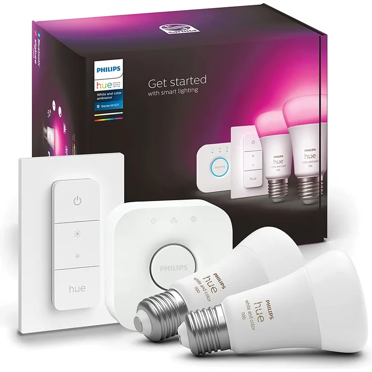 Philips Hue White & Color Ambiance E27 2er Starter-Set + Bridge + Dimmer Switch, warmweiß (929002468805)