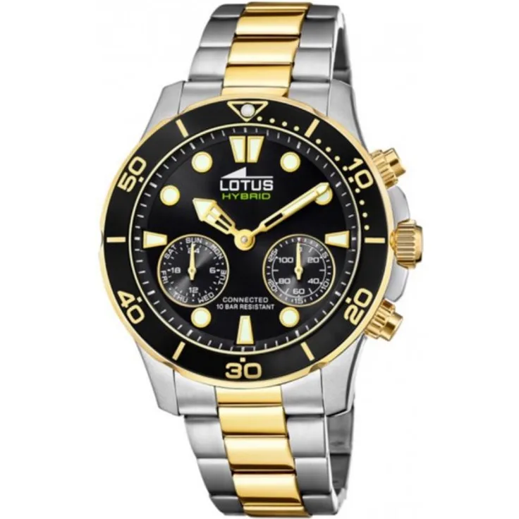 Lotus Hybrid 18801 Hybrid-Smartwatch Herren, 44,5mm, Edelstahlgehäuse, Edelstahlarmband, Schwarz/Gold
