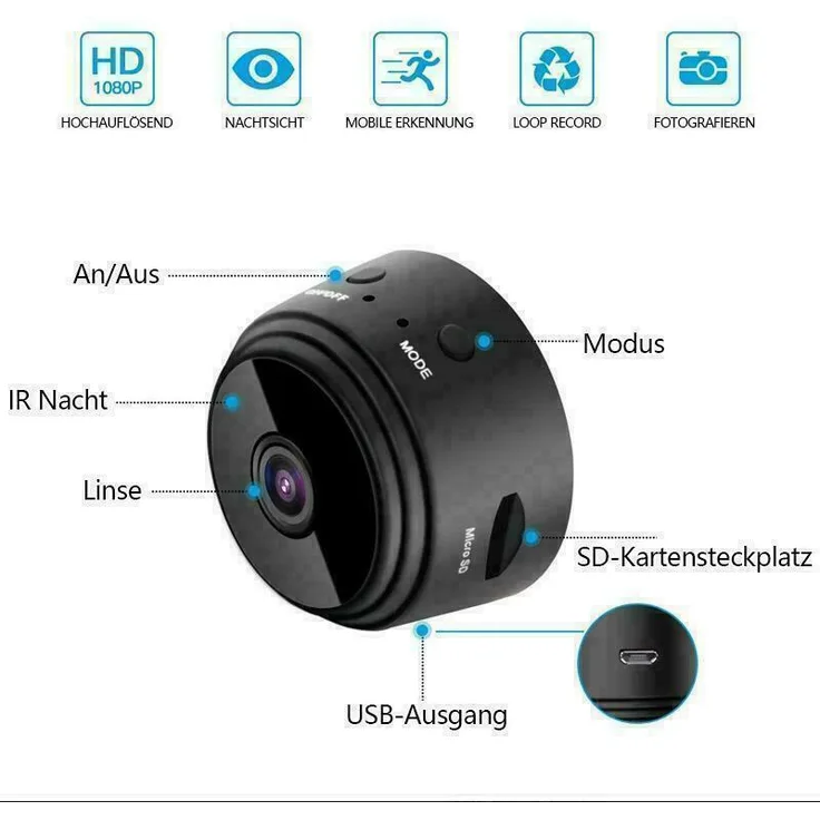MAVURA Rheinwing 1080p magnetische WiFi Mini Kamera Full HD Spycam Überwachungskamera