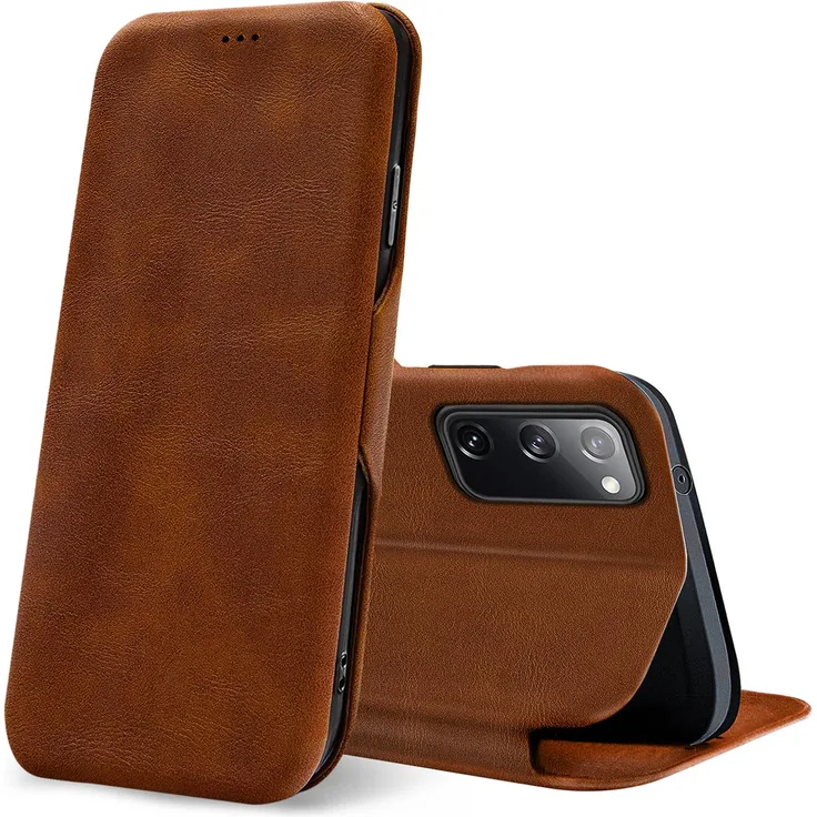 CoolGadget Shell Flip Case für Samsung Galaxy S20 FE Hülle Book Cover Handy Tasche mit Kartenfach Premium Schutzhülle, braun