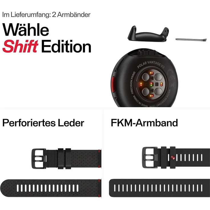 Polar Vantage V2 SHIFT Edition Smartwatch Unisex, M/L, Leder- und Fluorelastomer-Armband, Black/Red – Bild 3