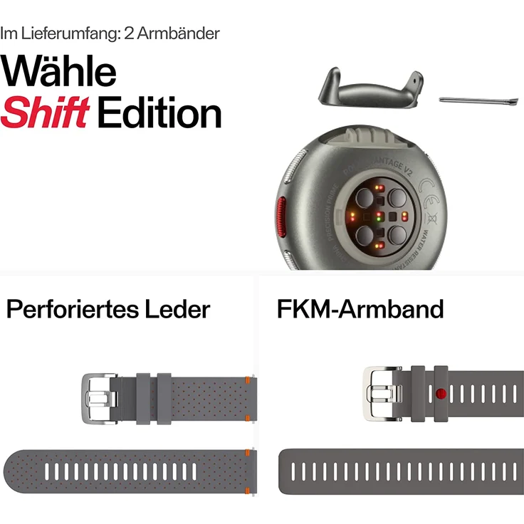 Polar Vantage V2 SHIFT Edition Smartwatch Unisex, M/L, Leder- und Fluorelastomer-Armband, Grey/Orange – Bild 3