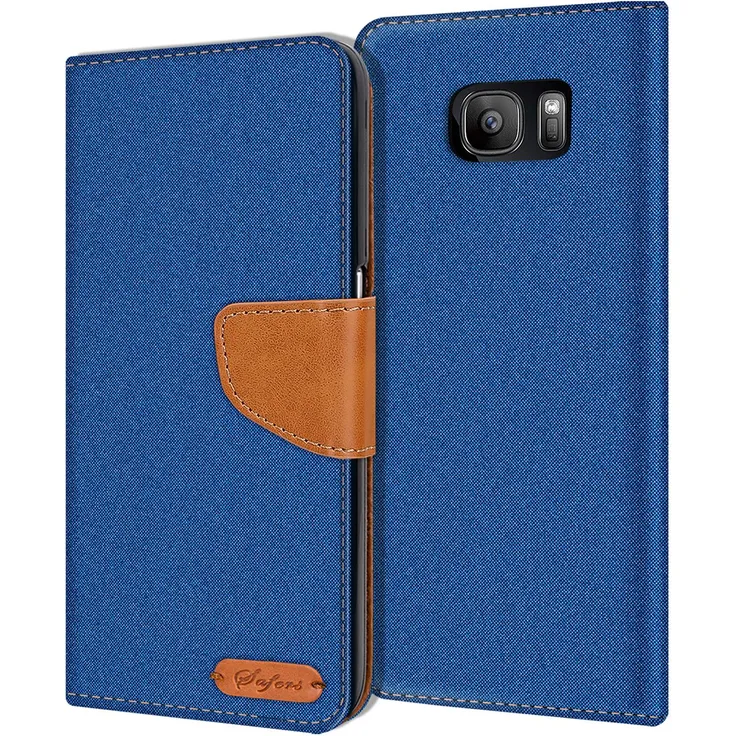 CoolGadget Handy Hülle Samsung Galaxy S7 Tasche Wallet Flip Case Schutz Hülle Stoff Cover, blau