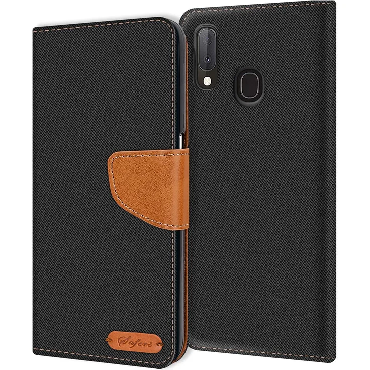 CoolGadget Handy Hülle Samsung Galaxy A20e Tasche Wallet Flip Case Schutz Hülle Stoff Cover, schwarz