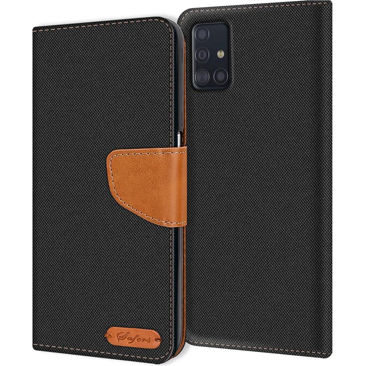 CoolGadget Handy Hülle Samsung Galaxy A51 Tasche Wallet Flip Case Schutz Hülle Stoff Cover, schwarz