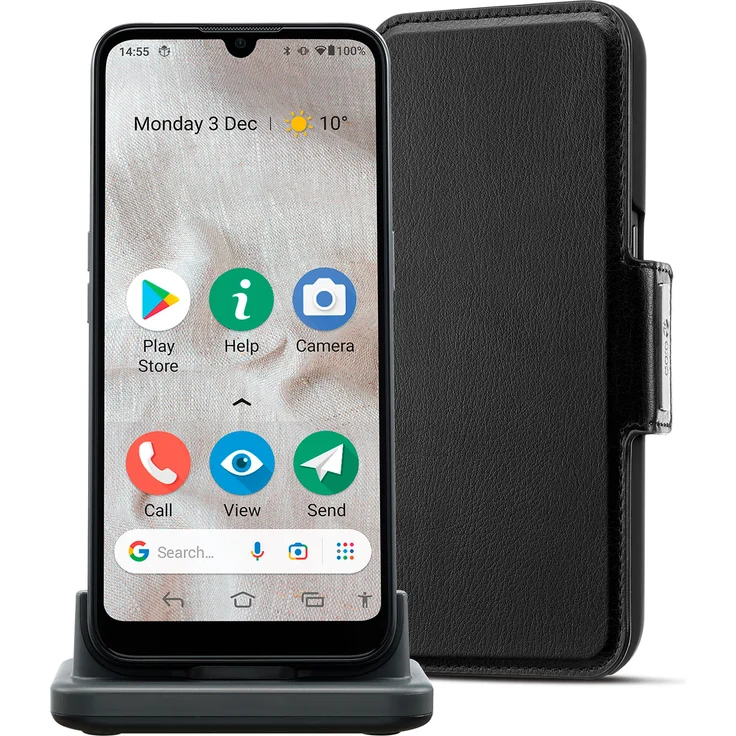 Doro 8100 Plus Senioren-Smartphone 15,49cm (6,1 Zoll) LCD-Display, 32GB interner Speicher, 2GB RAM, Dual-SIM, Schwarz inkl. Tischladestation und Wallet Case – Bild 1