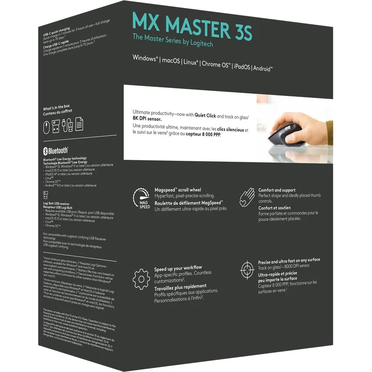 Logitech MX Master 3S, Kabellose Performance-Maus mit ultraschnellem Scrollen, Ergo, 8K DPI, Glas-Tracking, leise Klicks, USB-C, Bluetooth, Windows, Linux, Chrome, Dunkelgrau (910-006559) – Bild 10