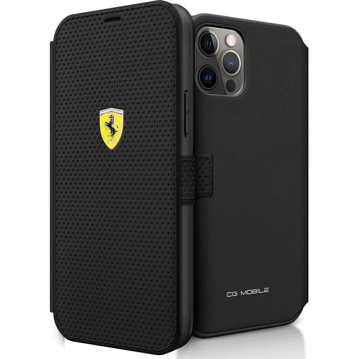 Original FERRARI Case Book Case On Track Perforated FESPEFLBKP12LBK für Iphone 12 Pro Max Black