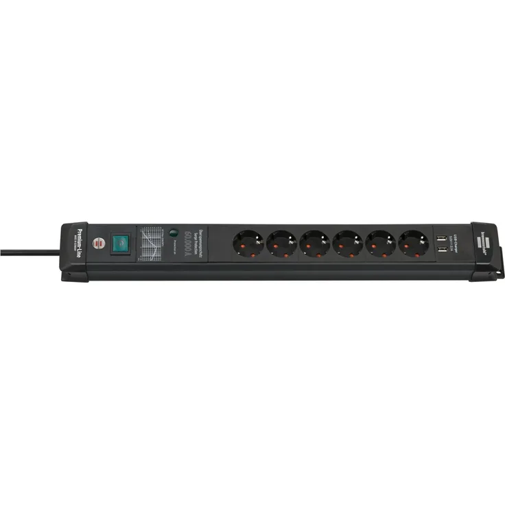 Premium-Line 60.000A Überspannungsschutz-Steckdosen, USB-Ladefunktion, 6-fach, 3m