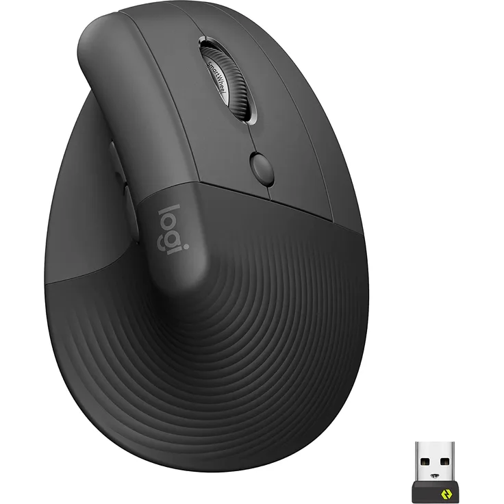 Logitech Lift Vertikale ergonomische Maus, Kabellos, Bluetooth oder Logi Bolt USB-Empfänger, leise Klicks, 4 Tasten, kompatibel mit Windows/macOS/iPadOS/Laptop/PC, Grau (910-006473)