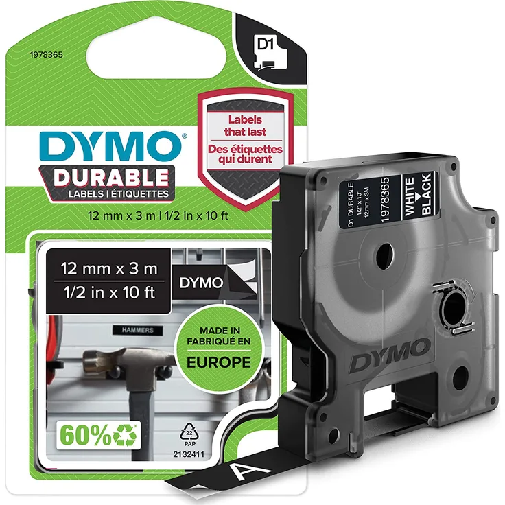Dymo D1 Vinylband High Perf. 12 mm x 3 m weiß auf schwarz
