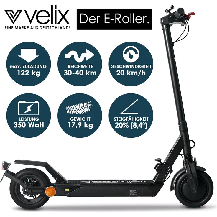 Velix E-Scooter, mit Straßenzulassung, Schwarz/Silber, 20 km/h – Bild 3