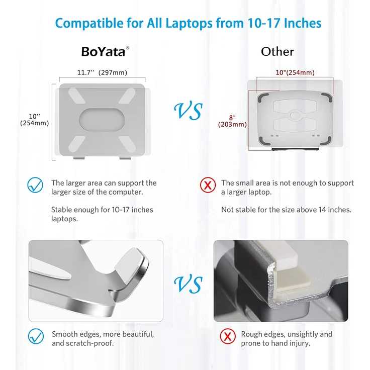 BoYata Laptop Ständer, Aluminium, höhenverstellbarer belüfteter Laptophalter, Notebook Stand, kompatibel mit Laptops (10 - 17 Zoll), MacBook, Dell, Lenovo, Samsung, Acer und Huawei MateBook, Silber – Bild 5