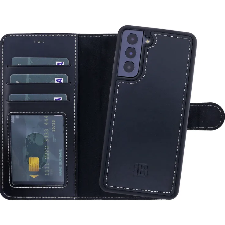 BURKLEY Samsung Galaxy S21 FE Handyhülle - Magic Wallet - Leder Detachable Case - Schwarz