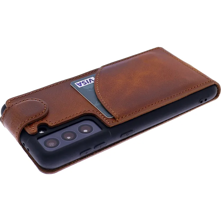 BURKLEY Samsung Galaxy S22+ Hülle - FLIP-CC - Leder Handyhülle mit Kartenfach - Sattelbraun