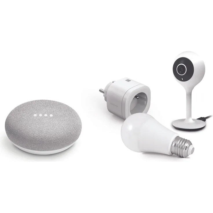 Avidsen Startpaket Smart Home 127024 - Google Home Mini + HomeCam + HomePlug + smarte RGB LED-Leuchte E27, weiß