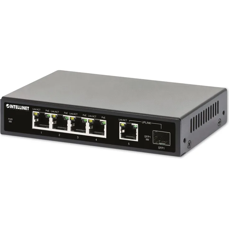 Intellinet - Switch - 4 x 10-100-1000 (PoE+) + 1 x Combo Gigabit SFP-RJ-45 (Uplink) - Desktop - PoE+ (91 W) (561822)