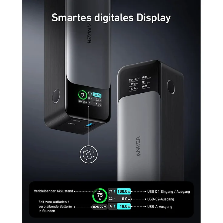 Anker 737 PowerCore 24K Powerbank, 24000 mAh externer Akku mit 3 Anschlüssen, 140 W Leistung, digitales Display, kompatibel mit Apple iPhone 13 Serie, AirPods, MacBook, Samsung, Dell und mehr – Bild 3