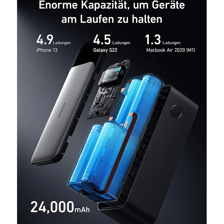 Anker 737 PowerCore 24K Powerbank, 24000 mAh externer Akku mit 3 Anschlüssen, 140 W Leistung, digitales Display, kompatibel mit Apple iPhone 13 Serie, AirPods, MacBook, Samsung, Dell und mehr – Bild 4