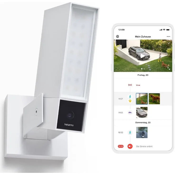 Netatmo Smarte Überwachungskamera für den Außenbereich mit 105 dB Sirene, WLAN, integrierter Beleuchtung, Bewegungserkennung, Nachtsicht, ohne Abonnement, weiß (NOC-S-W-DE) – Bild 1
