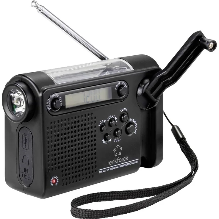Renkforce RF-CR-200 Kofferradio mit Notfallfunktion (Aufladen per Sonnenenergie oder Handkurbel), Ladefunktion für Smartphone, FM, AM, KW, schwarz