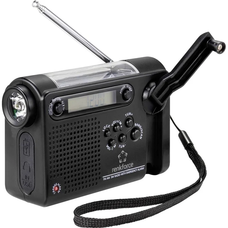 Renkforce RF-CR-200 Kofferradio mit Notfallfunktion (Aufladen per Sonnenenergie oder Handkurbel), Ladefunktion für Smartphone, FM, AM, KW, schwarz – Bild 1