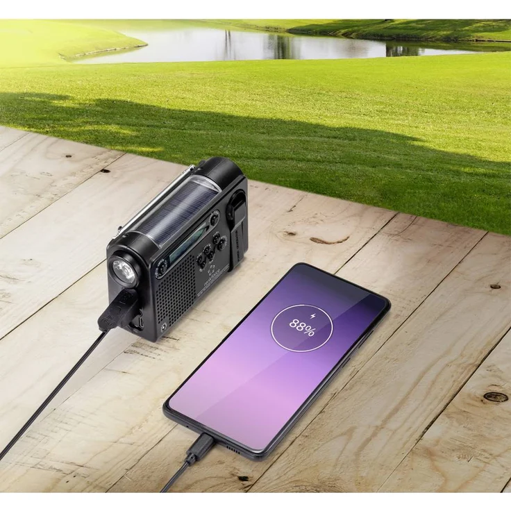 Renkforce RF-CR-200 Kofferradio mit Notfallfunktion (Aufladen per Sonnenenergie oder Handkurbel), Ladefunktion für Smartphone, FM, AM, KW, schwarz – Bild 7