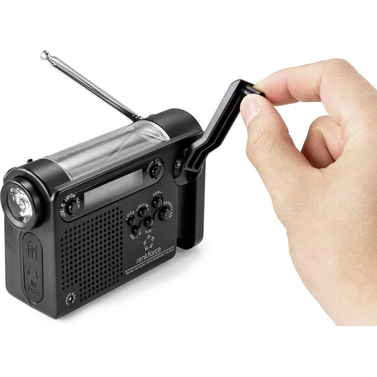 Renkforce RF-CR-200 Kofferradio mit Notfallfunktion (Aufladen per Sonnenenergie oder Handkurbel), Ladefunktion für Smartphone, FM, AM, KW, schwarz – Bild 6