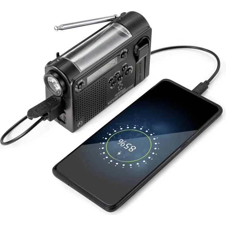 Renkforce RF-CR-200 Kofferradio mit Notfallfunktion (Aufladen per Sonnenenergie oder Handkurbel), Ladefunktion für Smartphone, FM, AM, KW, schwarz – Bild 2
