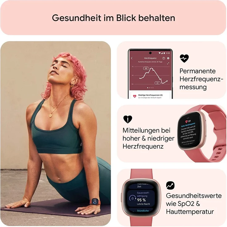 Fitbit Versa 4 Smartwatch GPS, Damen, 40,5mm, Silikonarmband in Sandrosa, Aluminiumgehäuse in Kupferrosé – Bild 5