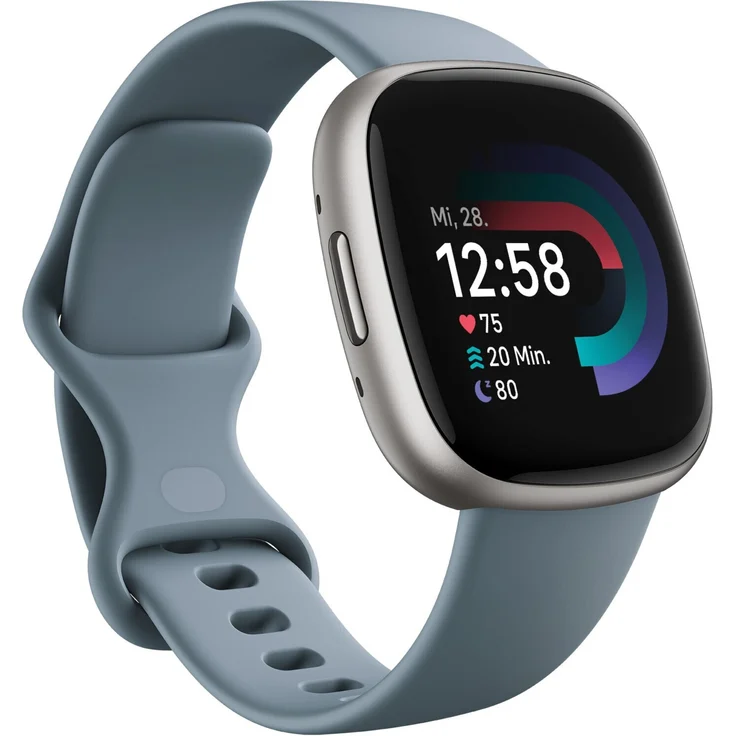 Fitbit Versa 4 Smartwatch GPS, Unisex, 40,5mm, Silikonarmband in Wasserfallblau, Aluminiumgehäuse in Platin – Bild 1