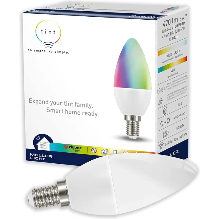 Müller-Licht tint LED Leuchtmittel E14 Kerzenform RGBW white + color 6W 470lm ZigBee Smart Home Sprachsteuerung – Bild 1