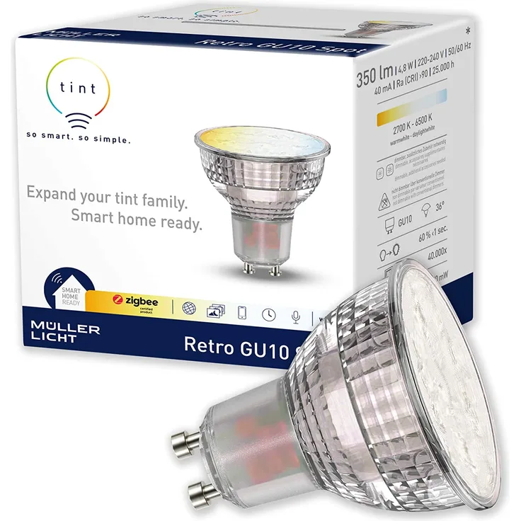 Müller-Licht tint LED Leuchtmittel Reflektor Retro white GU10 4,8W 350lm ZigBee Sprachsteuerung Smart Home