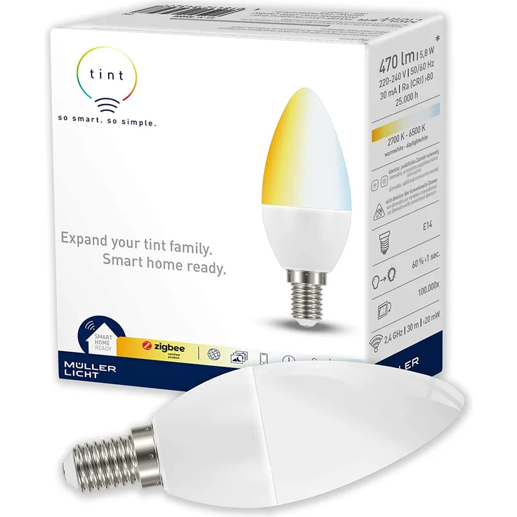 Müller-Licht tint LED Leuchtmittel Kerzenform white E14 5,8W 470lm ZigBee Sprachsteuerung Smart Home fähig – Bild 1