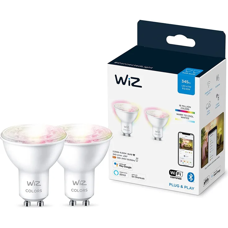 WiZ Tunable White and Color LED Lampe, Doppelpack, GU10, dimmbar, warm- bis kaltweiß, 16 Mio. Farben, 50 W, smarte Steuerung per App/Stimme über WLAN