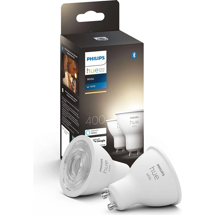 Philips Hue White GU10 LED Lampe Doppelpack, dimmbar, warmweißes Licht, steuerbar via App, kompatibel mit Amazon Alexa (Echo/Echo Dot), 2x 400 lm – Bild 1